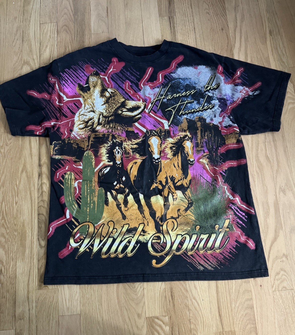 Alpha Collective Wild Spirit Wolf Horses Graphic T-Shirt Mens Large Black gallery