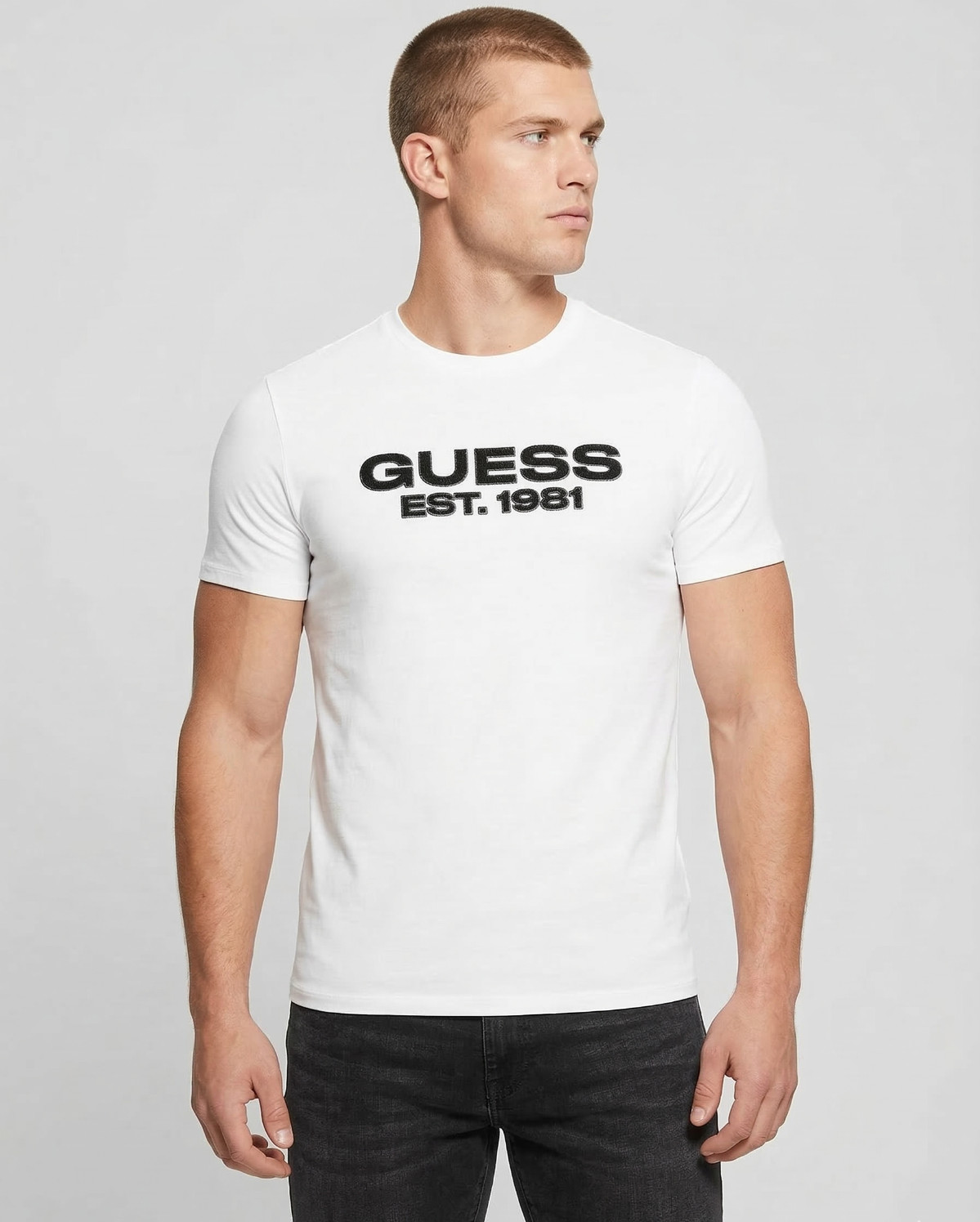 Guess Eco Men White Crewneck Embroidered Velvet Logo Tee Size Large