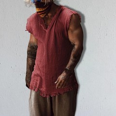 Men Vest Solid Color Casual Leisure Individual Old Style Loose Type Ripped Edge