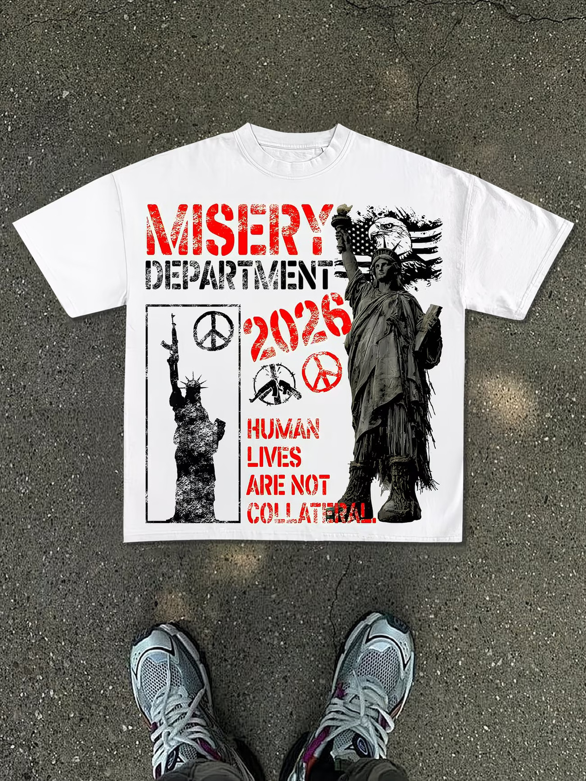 Men'S New T-Shirt, Loose-Fitting in White, Features a Vintage Distressed Style w gallery