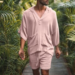 2pc Men Outfit Set Summer Cotton Linen Casual Set Short Sleeve Shirt Shorts Pant