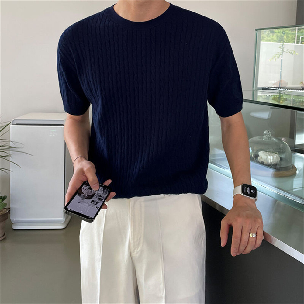 Men's Knitted Short Sleeve T-Shirt Classic Casual Slim Round Neck Shirts gallery