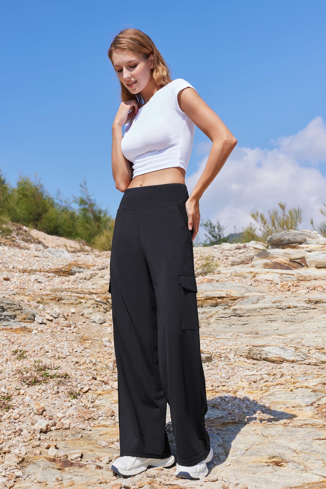 Women Casual Wide Leg Cargo Pants Stretch High Waisted Pull On Lounge Work Pa... gallery