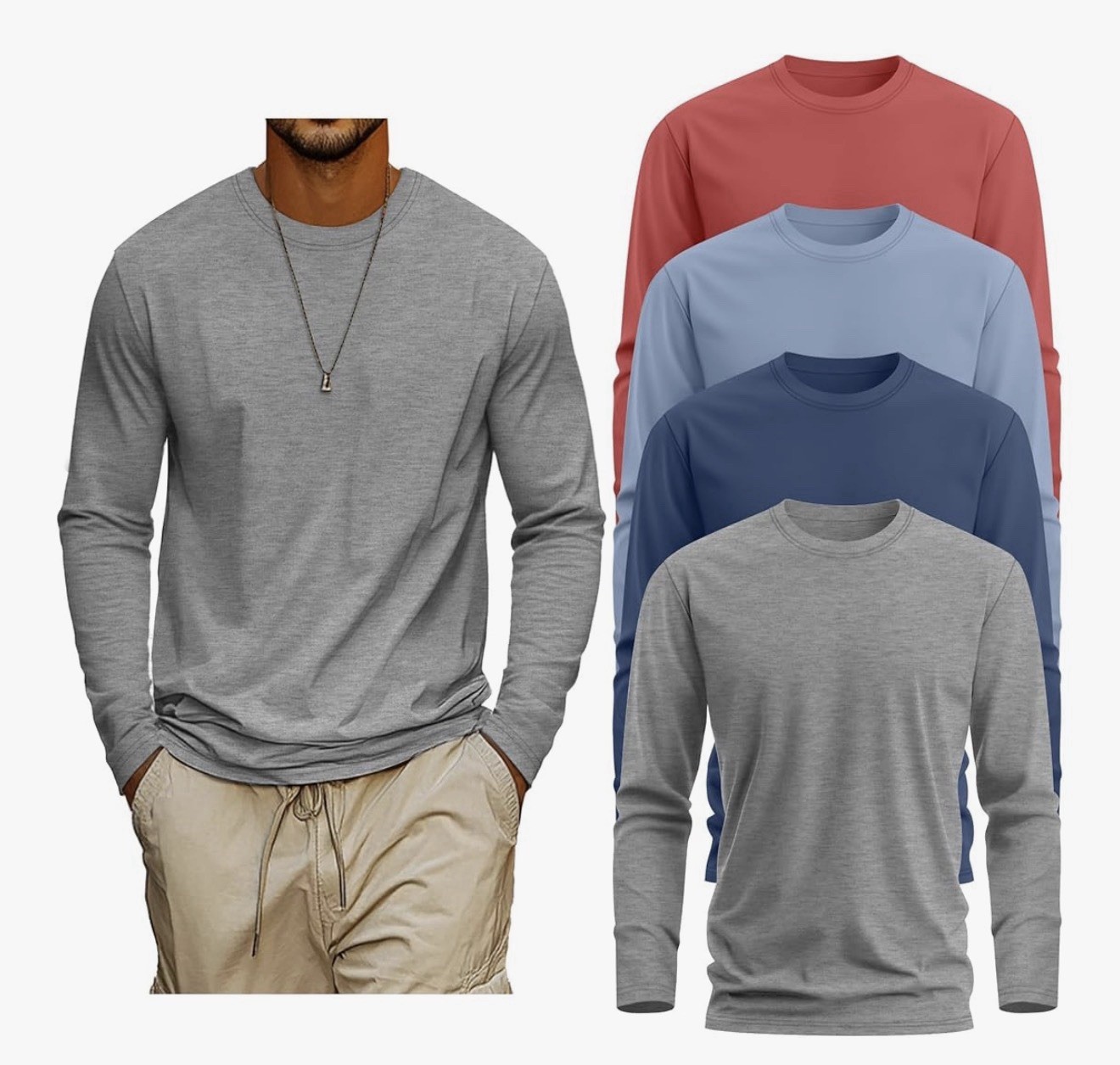 NEER Men's XL Long Sleeve Cotton Crew Neck Solid T-Shirt Gray Blue Red gallery