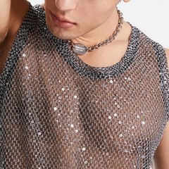 Glitter Sheer See Through Fishnet Tank Top For Men Sexy Mesh Vest Grey