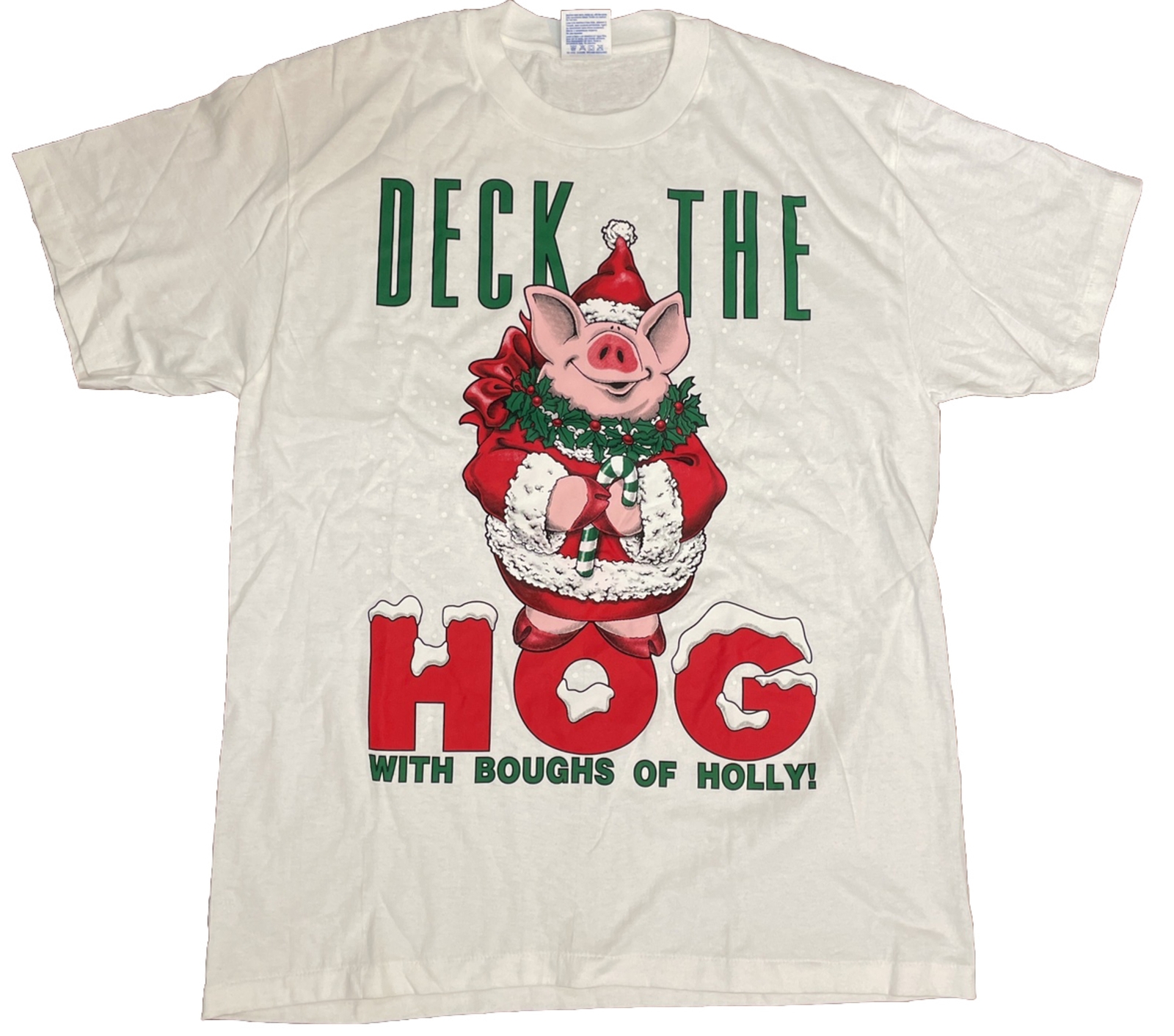 Rare VTG 90s Single Stitch T Shirt Hanes Deck The HOG With Boughs Of Holly Sz L gallery