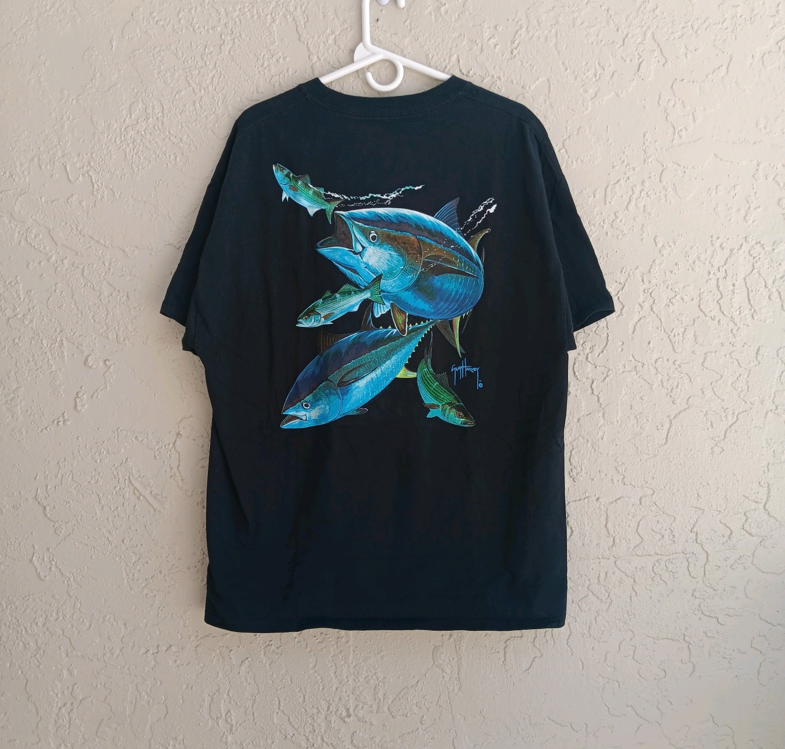 Guy Harvey By AFTCO Bluewater T Shirt Mens Sz XL Graphic Logo Pocket Black Flaw