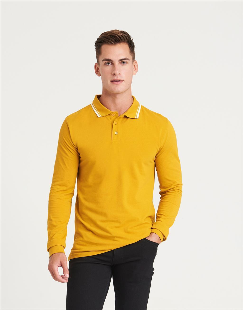 Mens Long Sleeve Polo Shirt Plain Tipped Collar Casual Cotton Tops AWDis gallery