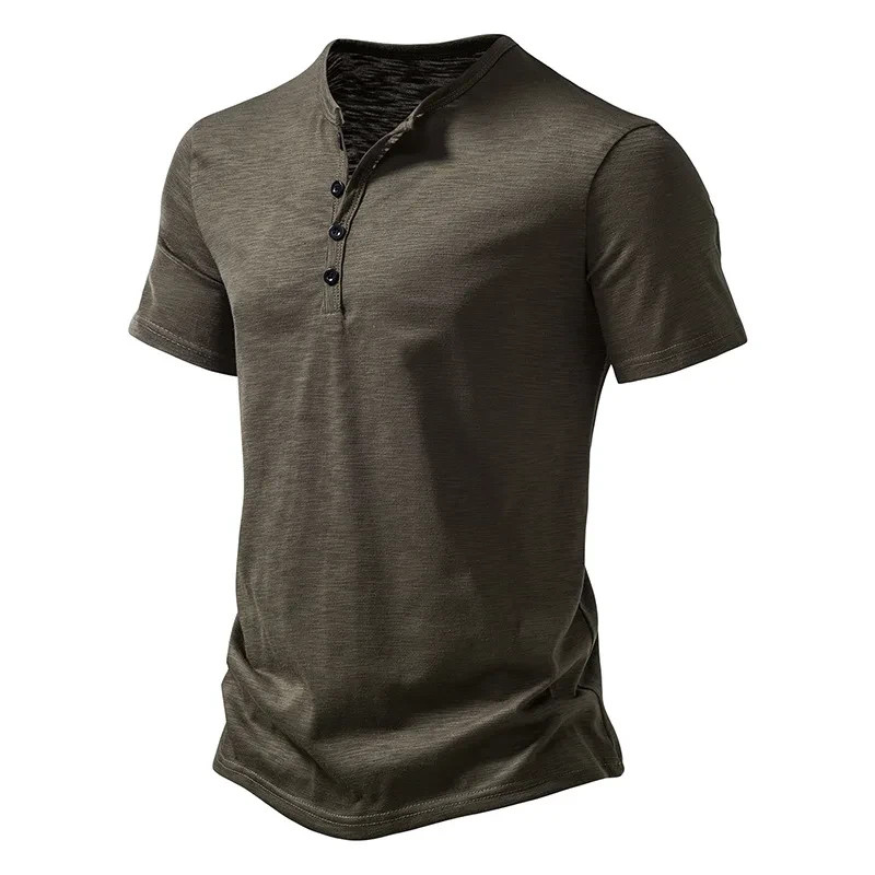 Henley Collar Summer Men Casual Solid Color Short Sleeve T Shirt for Men gallery