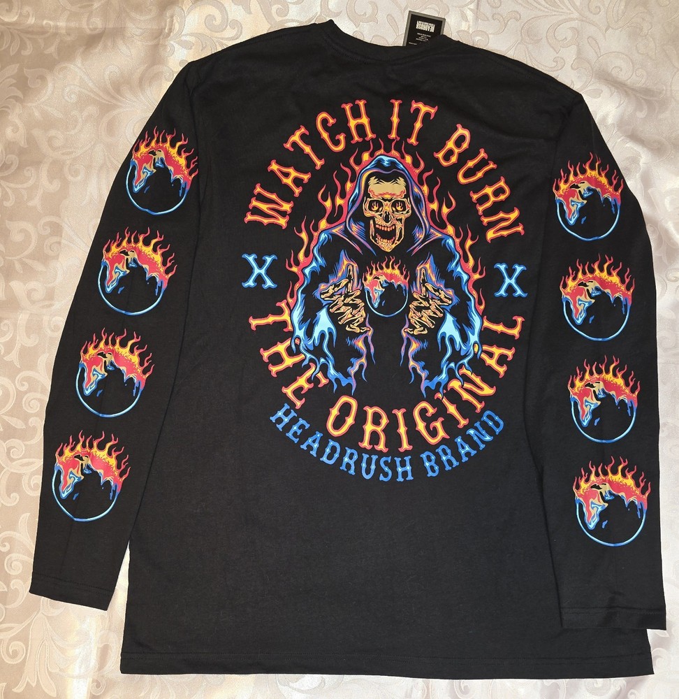 NWT Headrush Watch It Burn Long Sleeve Tee 2XL XXL Skull Reaper Biker Grunge