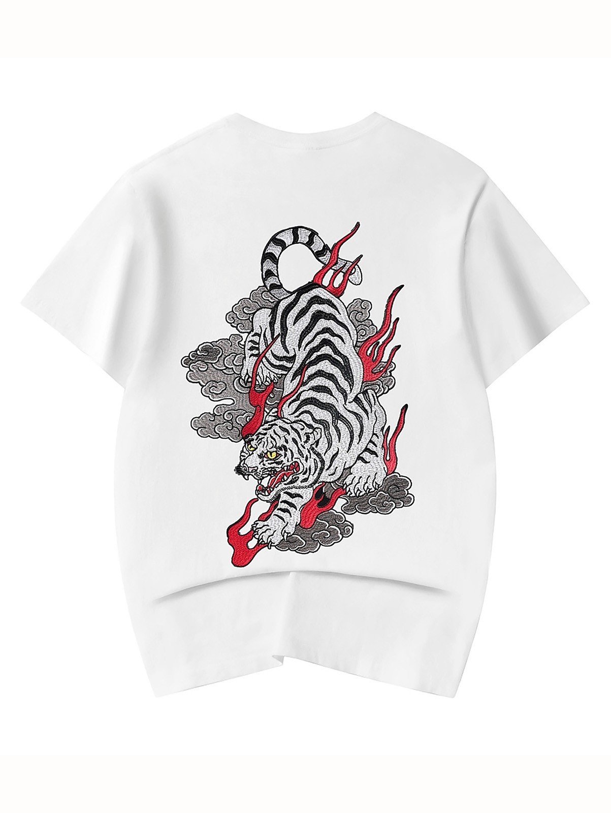 Niepce Men's Vibrant Red Flame White Tiger Embroidery Japanese Streetwear Tee gallery