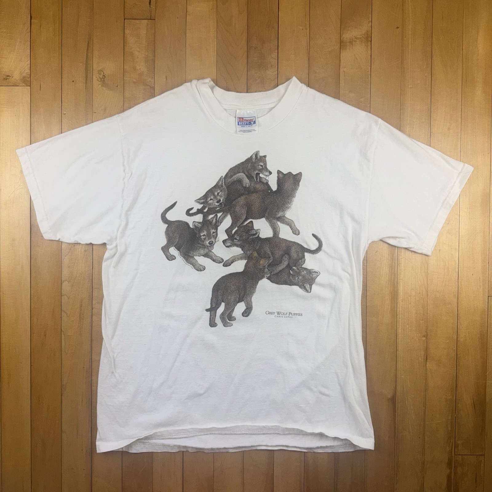 Vintage Hanes Beefy T Grey Wolf Puppies Wildlife Graphic T Shirt White Adult L gallery