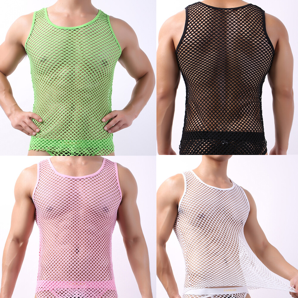 Men Lingerie Tank Top Mesh See Through Fishnet Vest T-Shirt Sleeveless Sport Top gallery