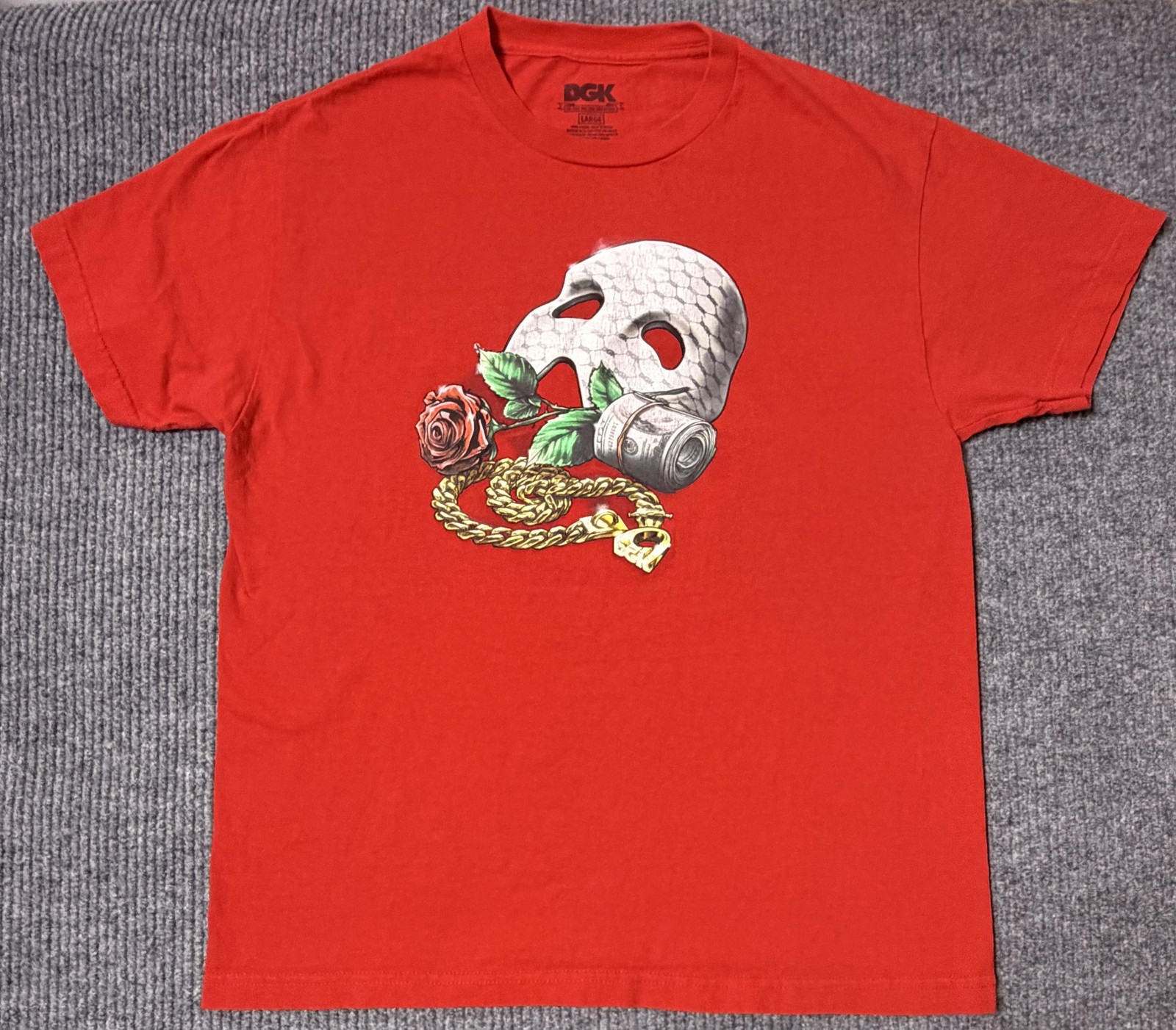 DGK Shirt Mens Large Skull Rose Money Chain Mask Skate Tee Streetwear Red White gallery