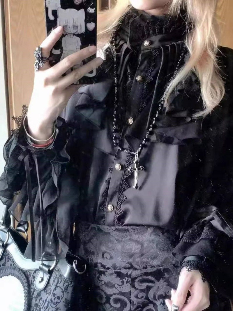 Men's retro gothic style Long-sleeved ruffled shirt Loose blouse unisex gallery