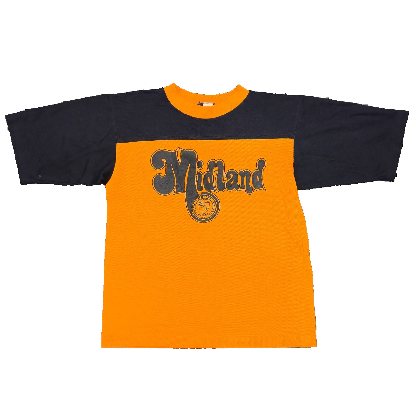 Vintage 70s Midland Lutheran College Shirt Medium Artex Made In USA Black Orange