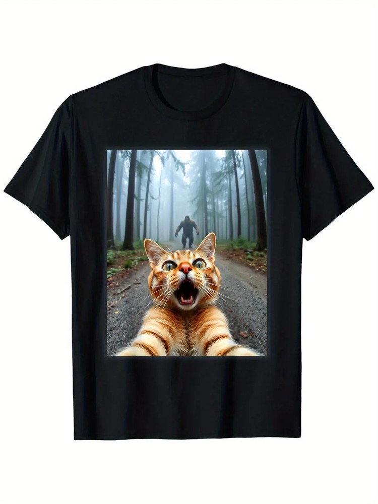 1pc Men’S Funny Cat Selfie & Sasquatch Graphic Tee, 100% Cotton Crew Neck T-Shir