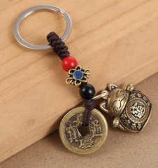 Lucky Cat Keychain, with Five Emperors Money Feng Shui Coins, Maneki Neko Goo…