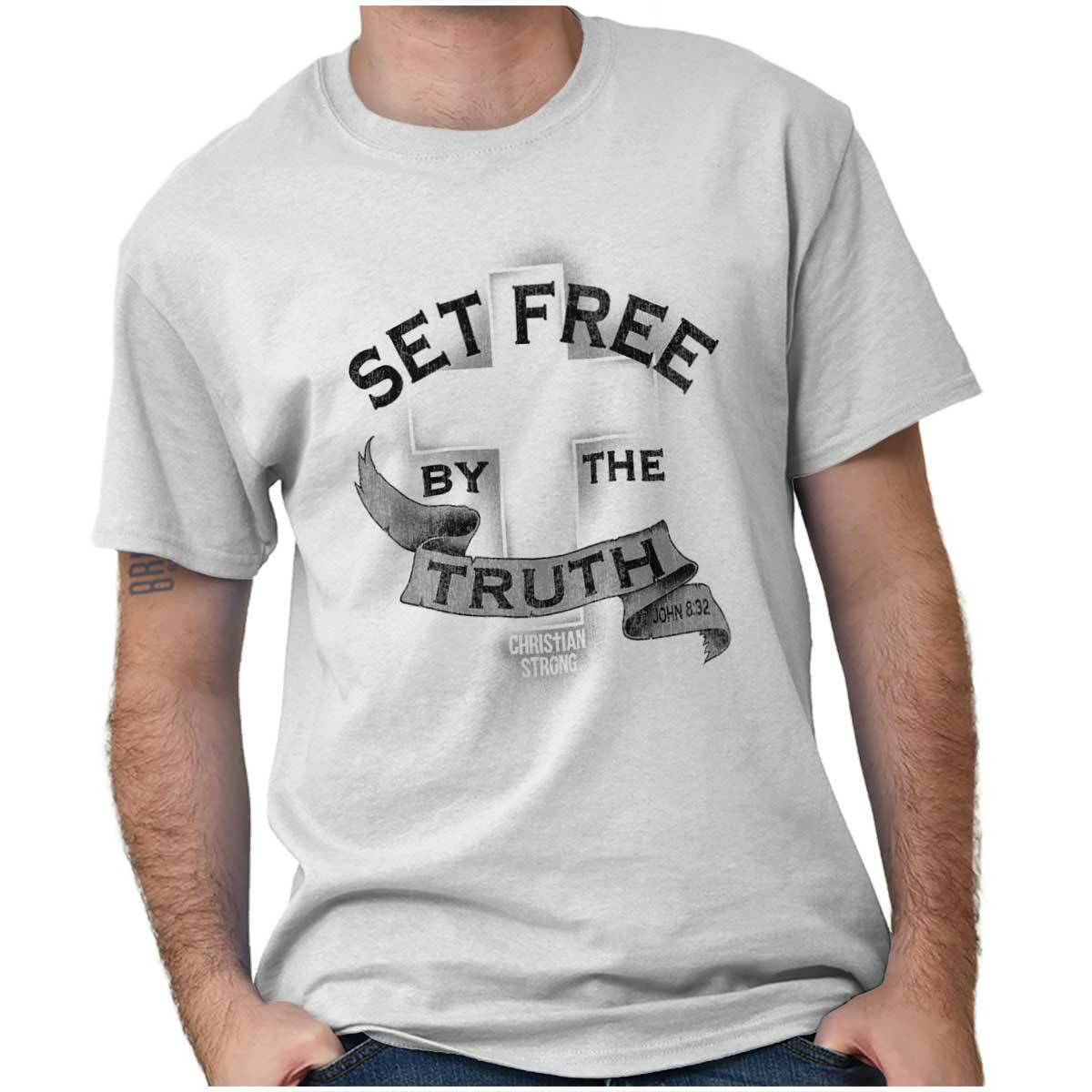 Christian Strong Set Free By The Truth Cross Womens or Mens Crewneck T Shirt Tee gallery