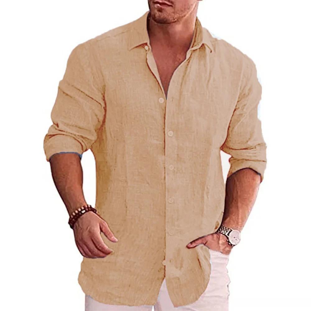 Cotton Linen Autumn Hot Selling Men's Long Sleeve Shirt Solid Color Casual Style gallery