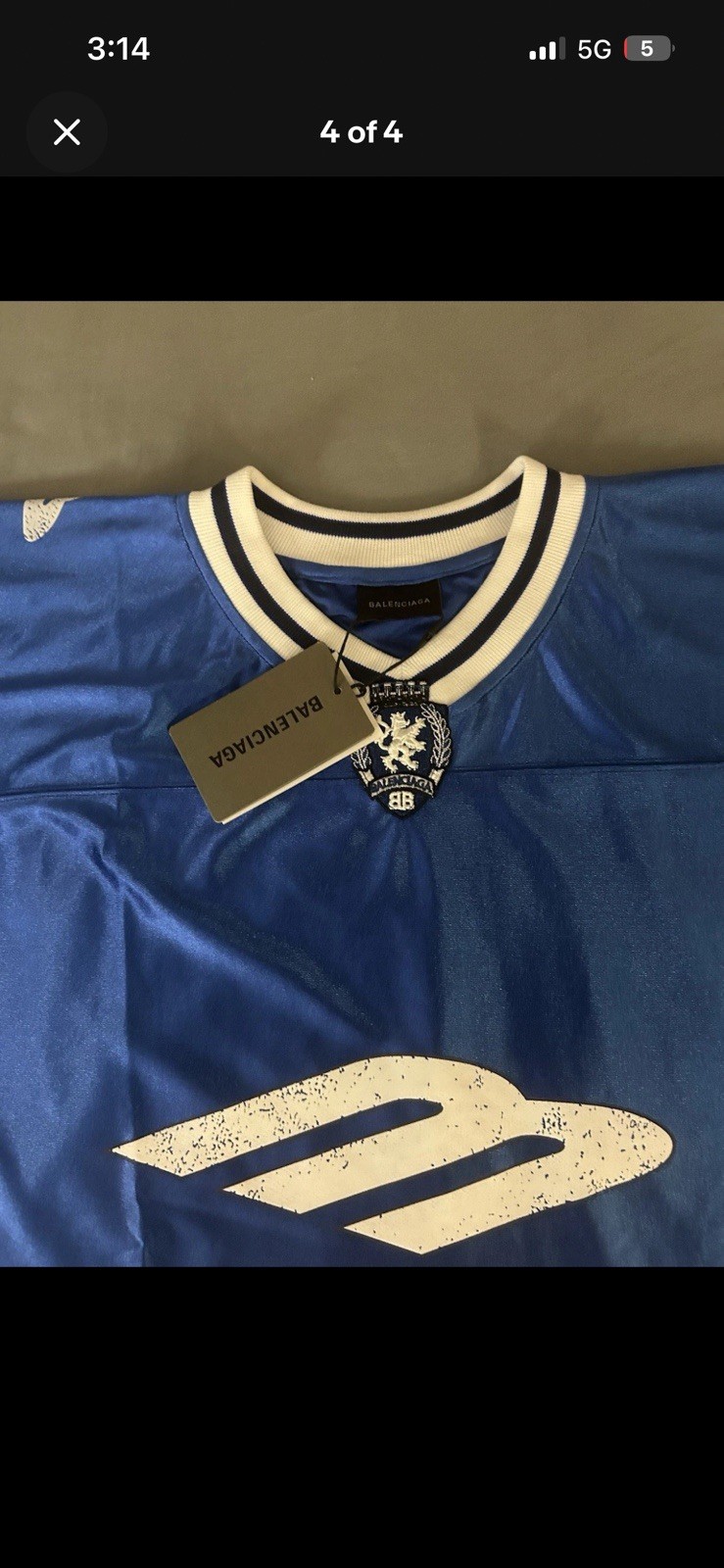 Balenciaga Men's L Blue/White Logo V-Neck Short Sleeve Satin T-Shirt gallery