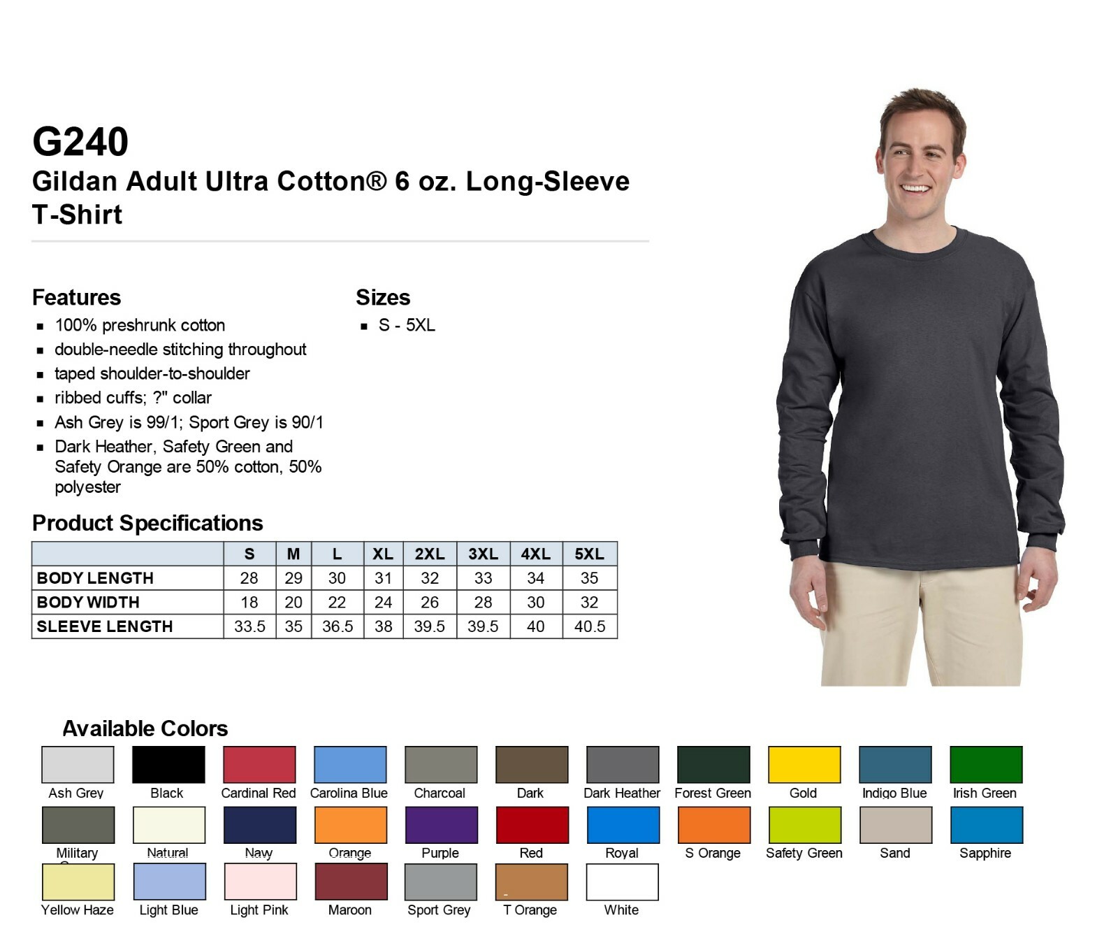 Gildan Ultra Cotton Mens Crewneck Long Sleeve T-Shirt S-5XL 2400 G240 gallery