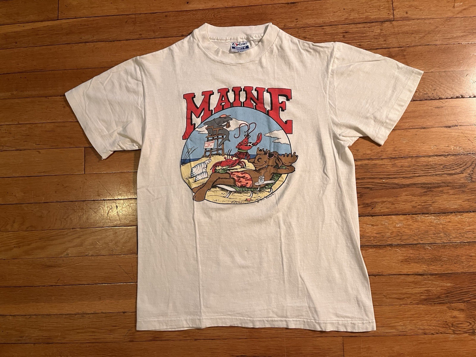 VINTAGE Tim Sample Maine Moose on Beach Shirt Men's M White 90s Single Stitch gallery