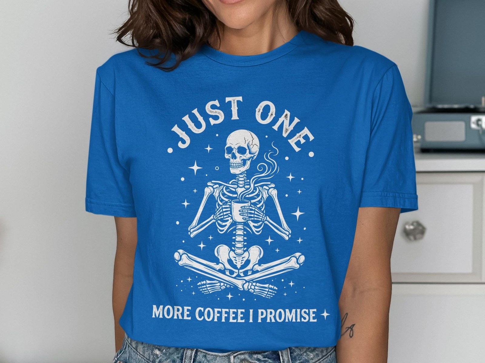 Just One More Coffee I Promise T-Shirt, Funny Skeleton Coffee Lover Tee, Spooky gallery