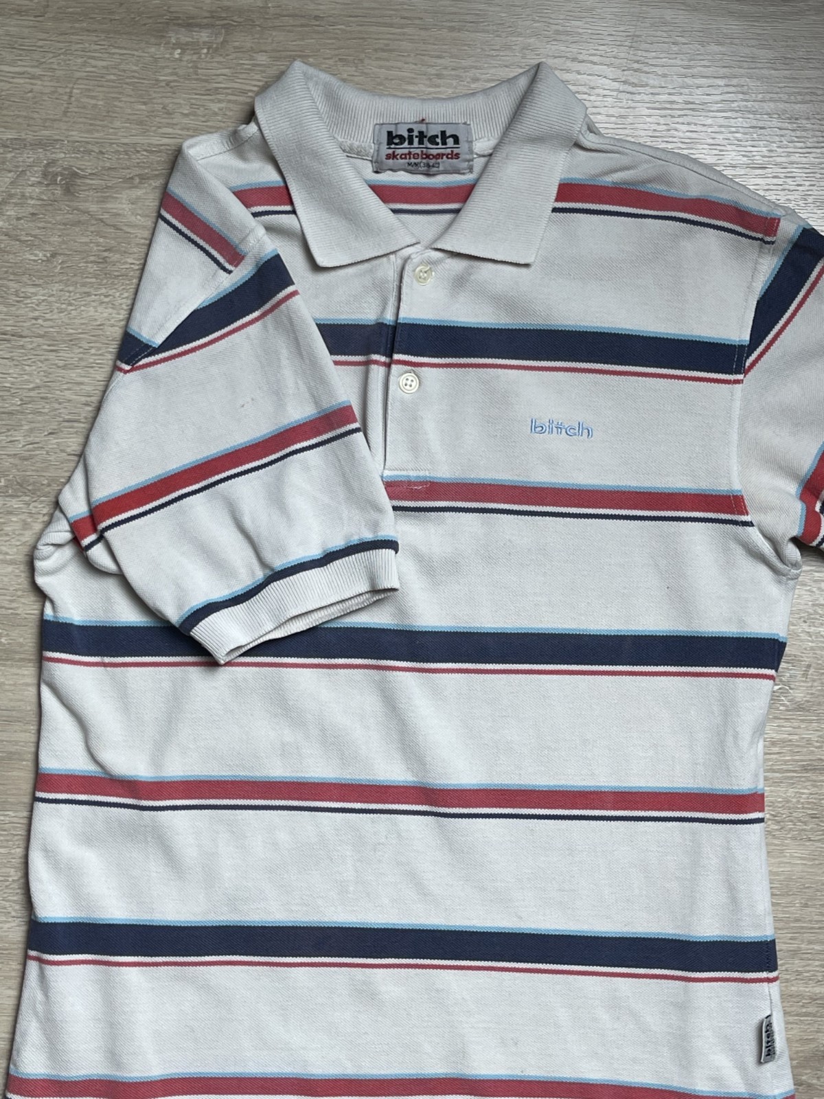 Vintage Bitch Skateboards Striped Button Up Polo T Shirt Men’s Size Medium 90S gallery