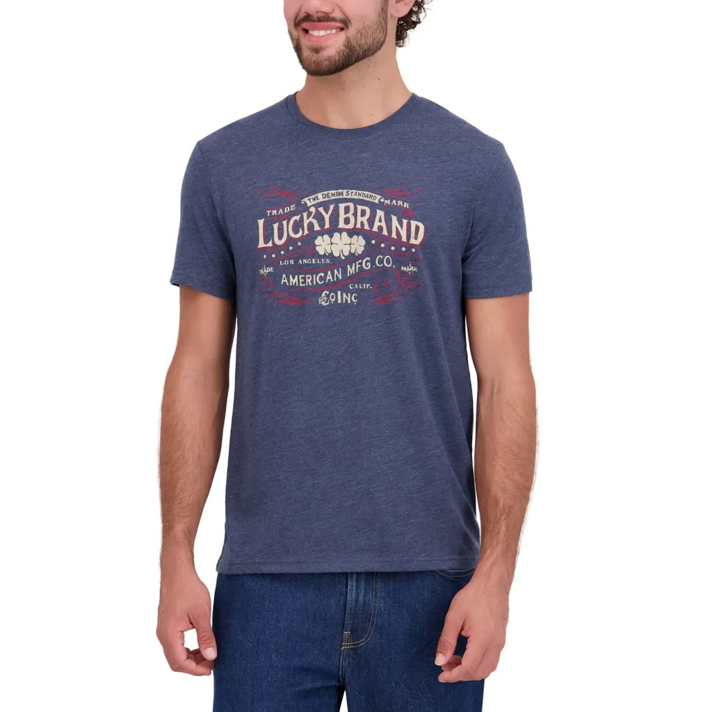 Lucky Brand Men’s Blue Graphic Crew Neck T-Shirt Short Sleeve Knit Size L NEW