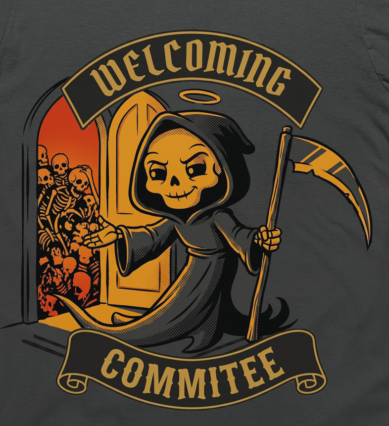 Grim Reaper Welcome Committee Skull Funny Dark Humor Graphic T-Shirt Tee gallery