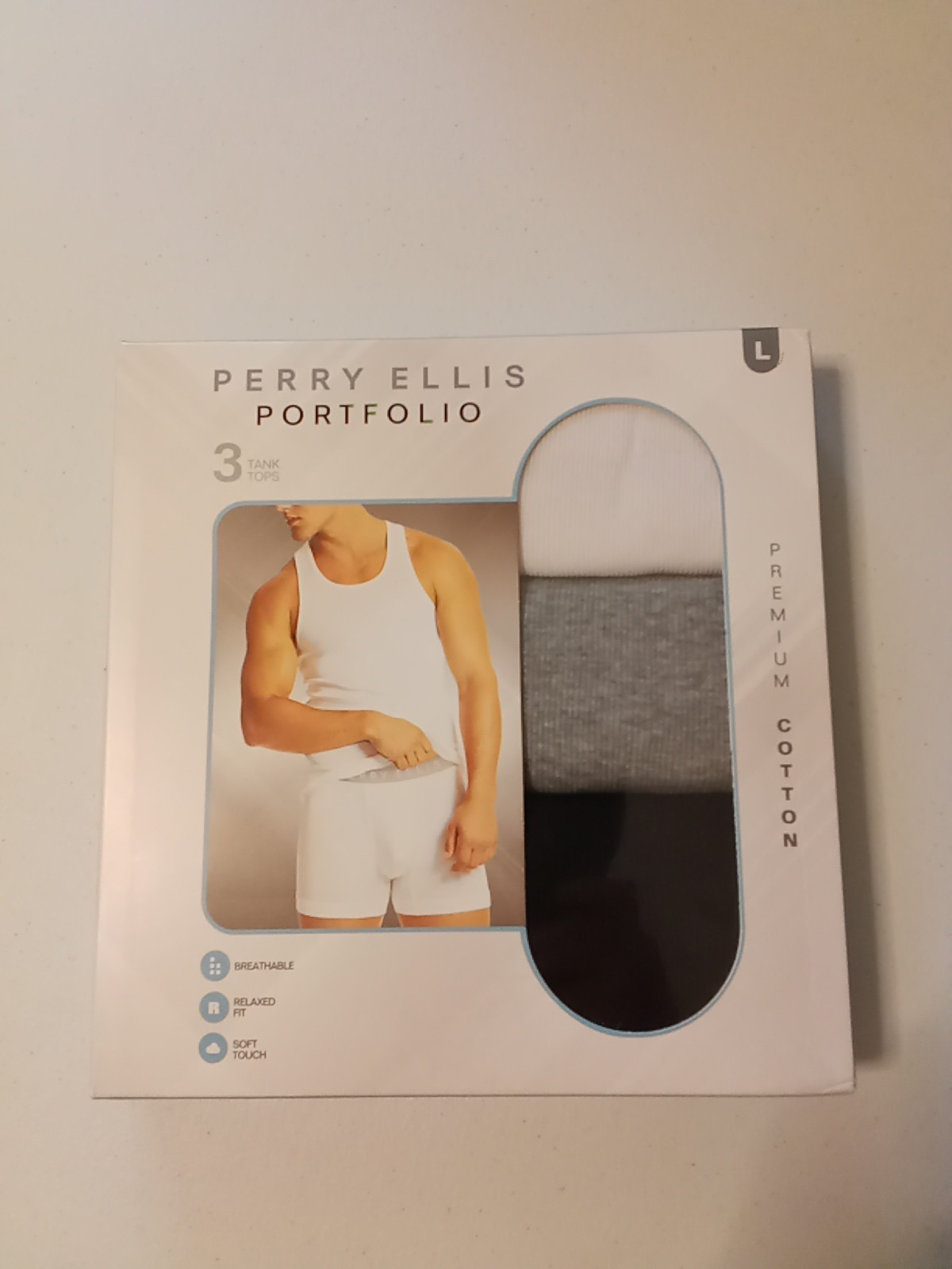3 Perry Ellis 100% Premium Cotton Portfolio Tank Tops Large BLK WHT GRY Ribbed