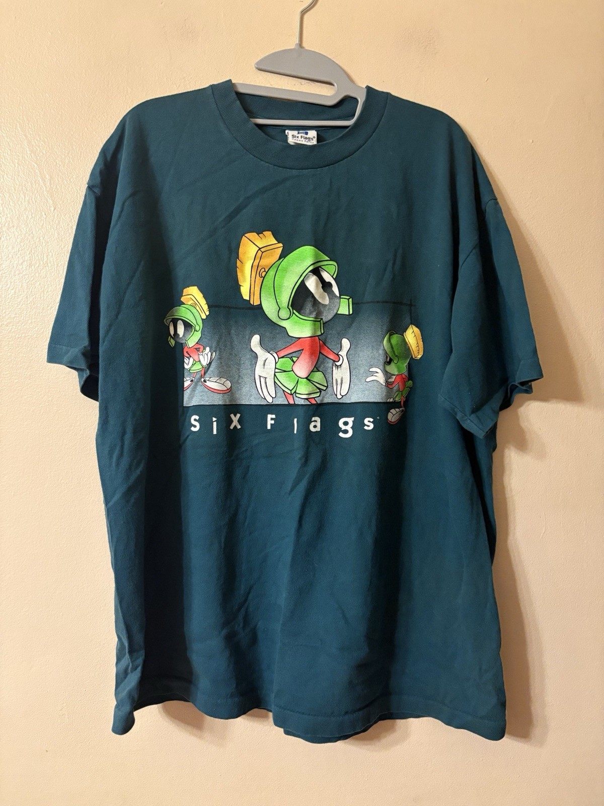 SIX FLAGS Marvin The Martian Single Stitch Shirt Size XL Teal Green Vintage 1998
