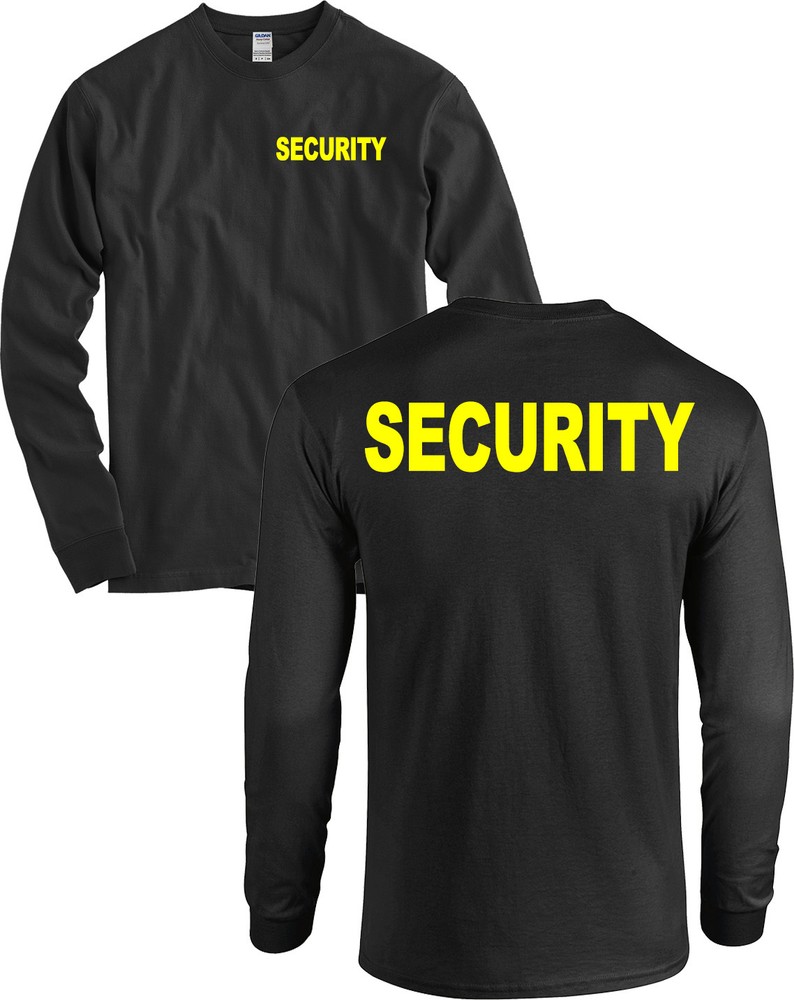 SECURITY Front and Back Long Sleeve Shirt Huge NEON YELLOW LETTERS Black – NEW