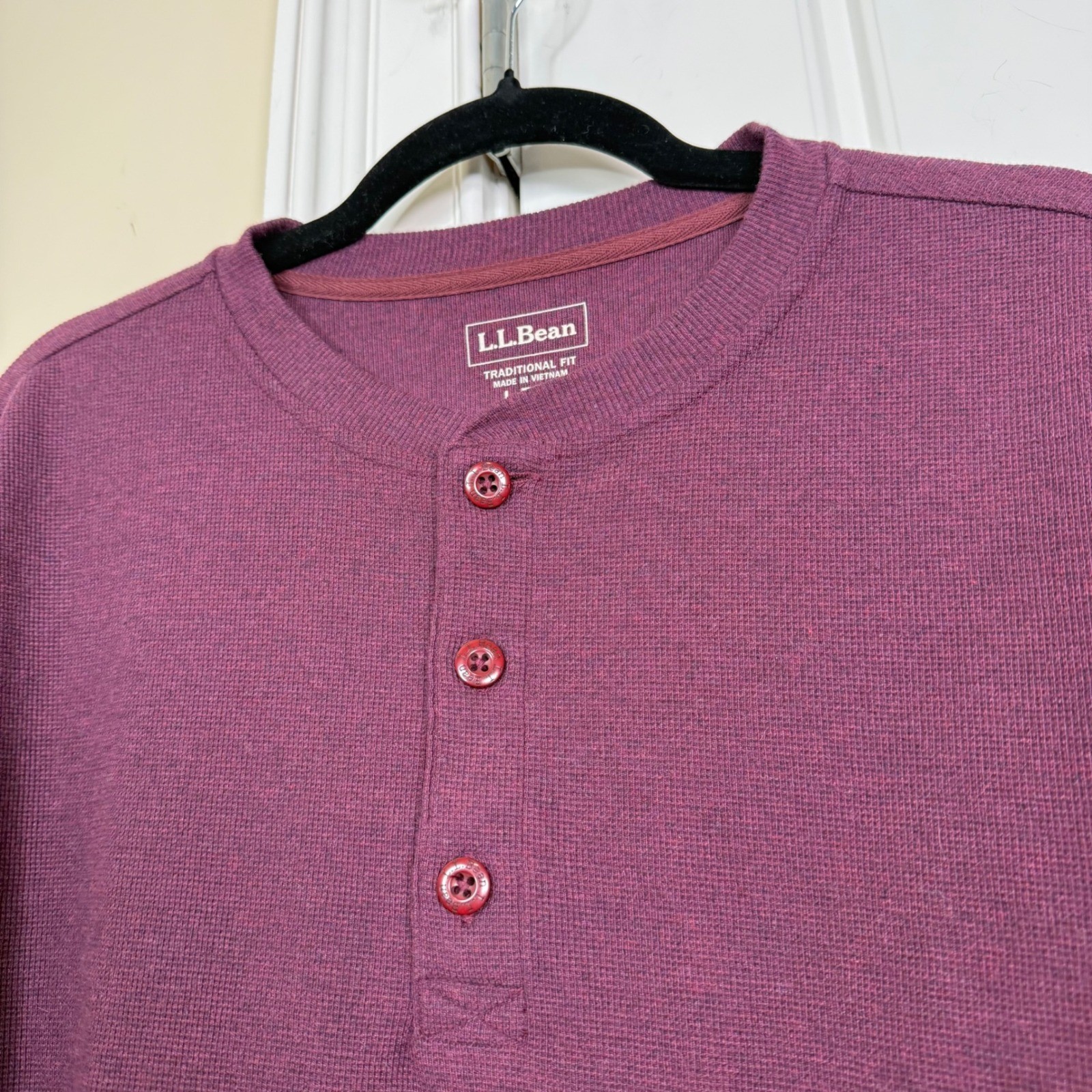 LL Bean Henley Mens L Burgundy Waffle Knit Long Sleeve Cotton Shirt 502224 gallery