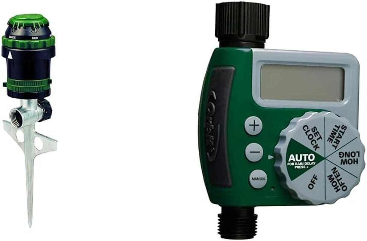 H2O-6 Gear Drive Sprinkler with Spike & Single-Outlet Hose Timer, Green
