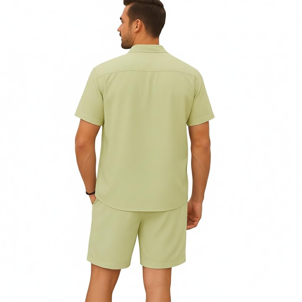 Men's Casual Stand Collar Button Shirt and Shorts Set - Hawaiian Beach Vacati... gallery