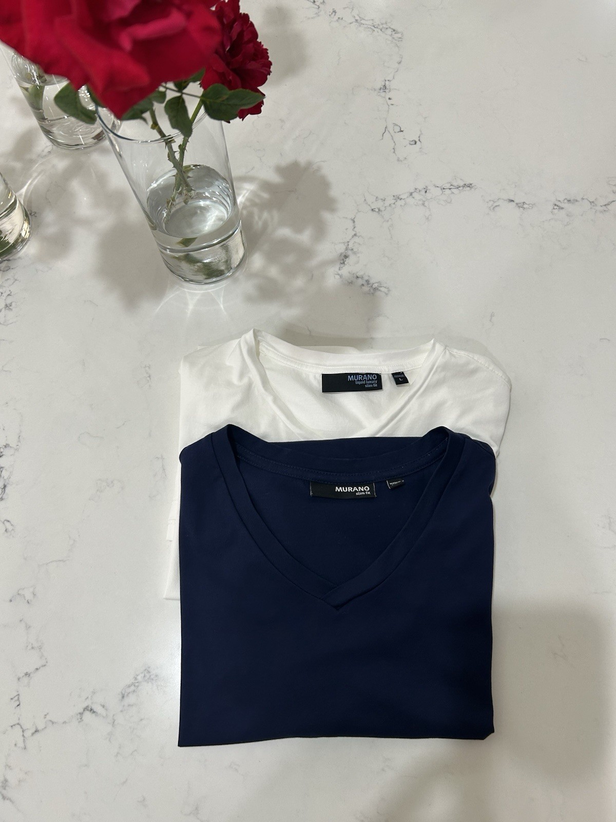 Lot of 2 Murano Men's Large Slim Fit V-Neck Short Sleeve Tee White Navy Blue gallery