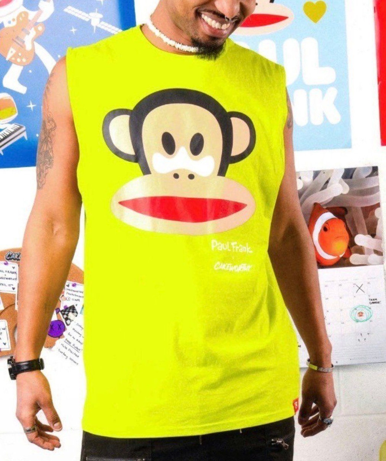 NEW Paul Frank Julius Monkey Sunscreen Tank Top Old Skool Neon Yellow Shirt EDM gallery