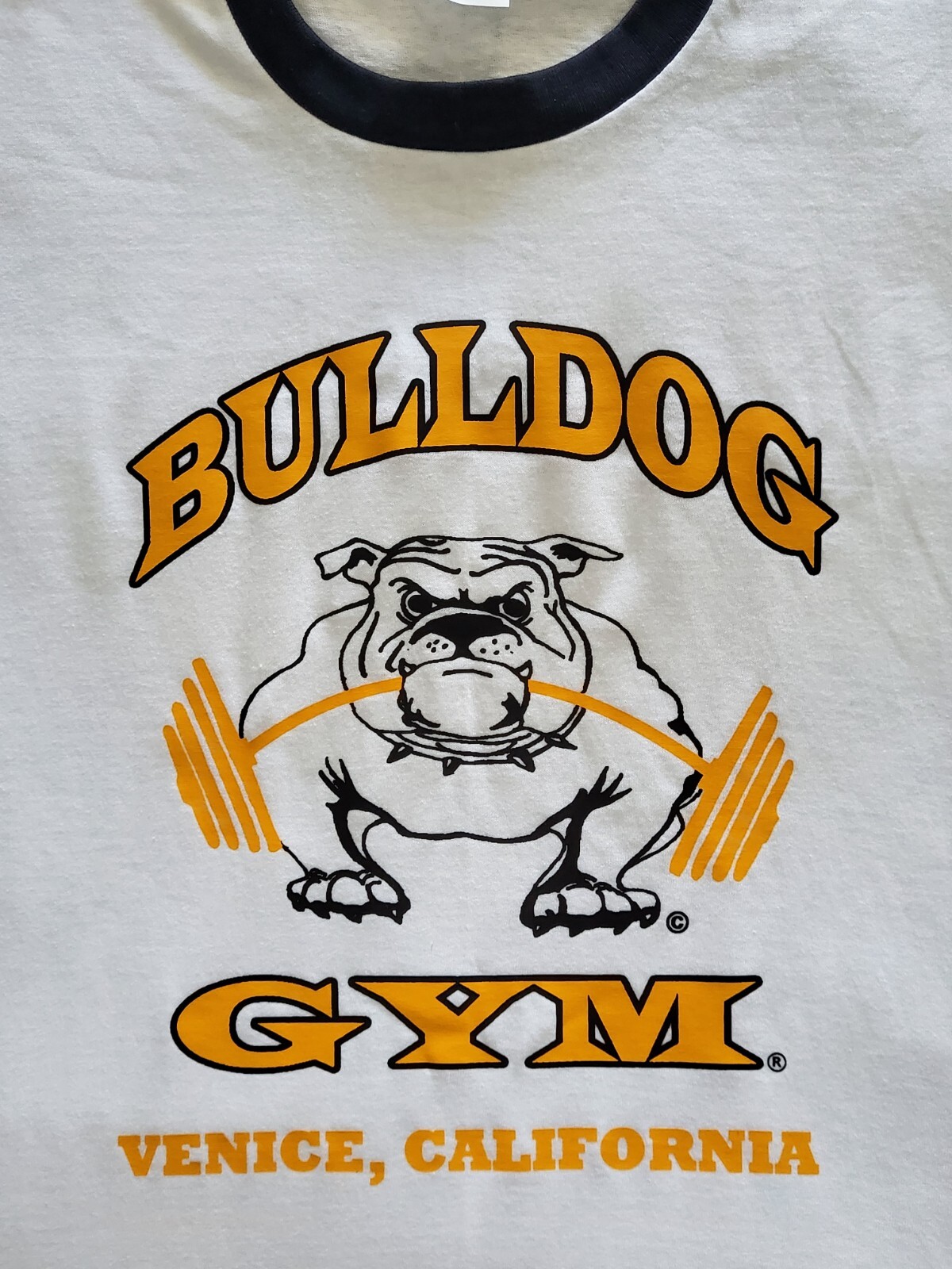 Bulldog Gym Venice Beach California White / Black / Vintage Gold Ringer T-Shirt gallery