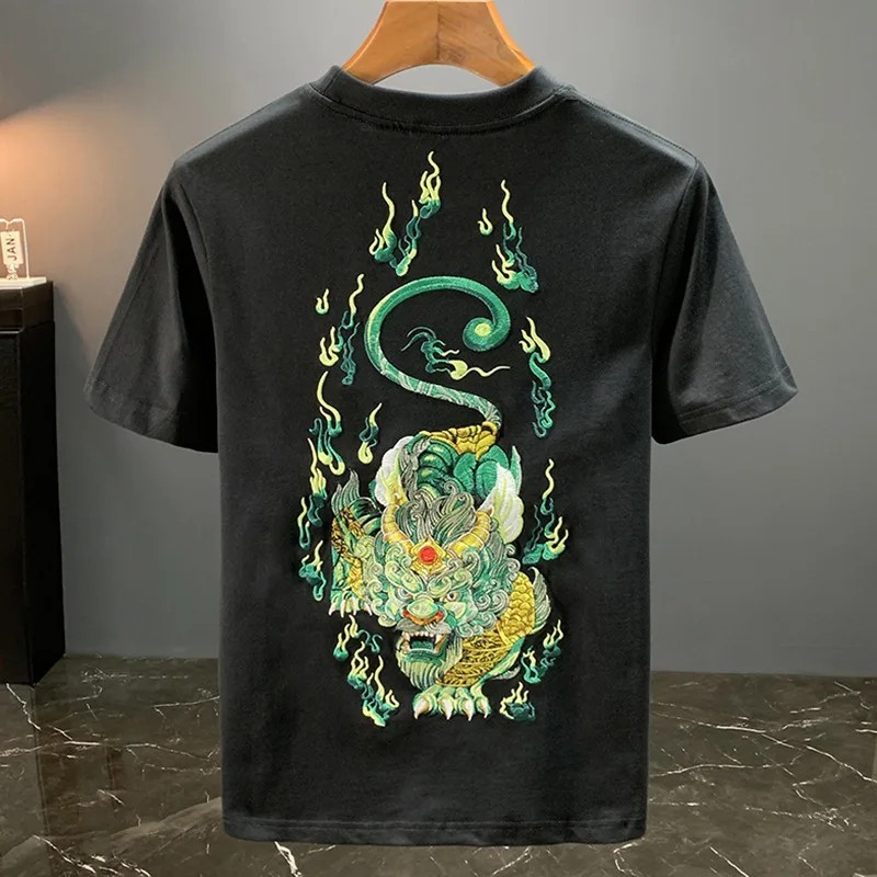 Men Embroidery Dragon Graphic T-Shirt Casual Short Sleeve Crewneck Cotton Tee gallery