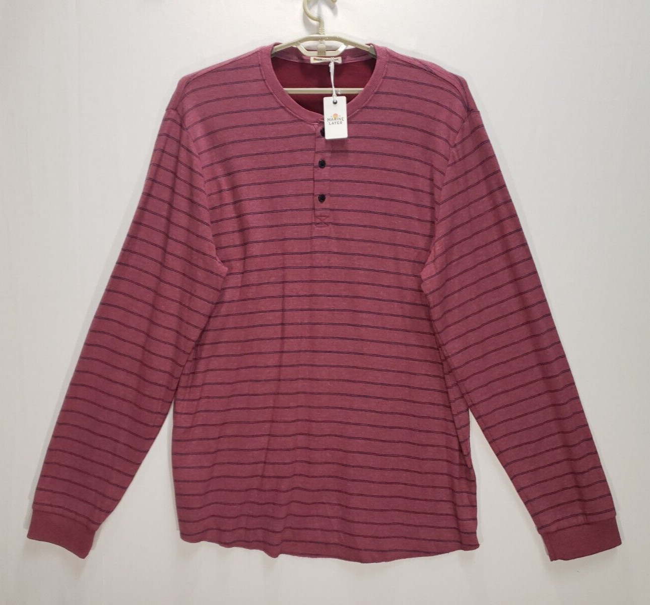 NEW Marine Layer Mens Henley T-Shirt XL Double Knit Burgundy Long Sleeve $78