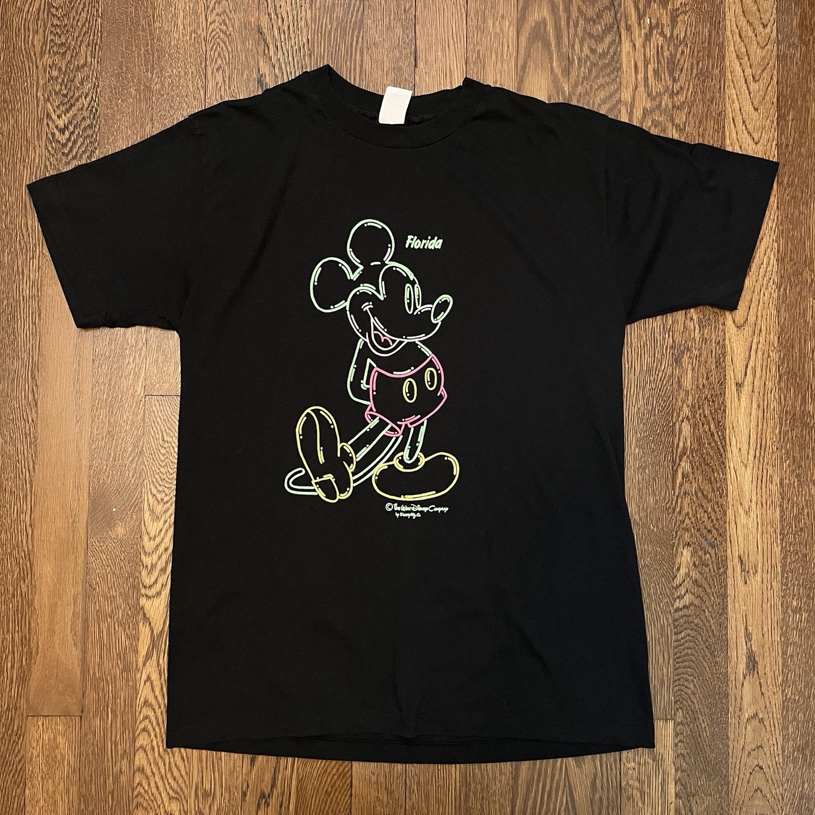 Vintage Mickey Mouse Graphic Single Stitch Tshirt – Neon | Sherry Size Large USA