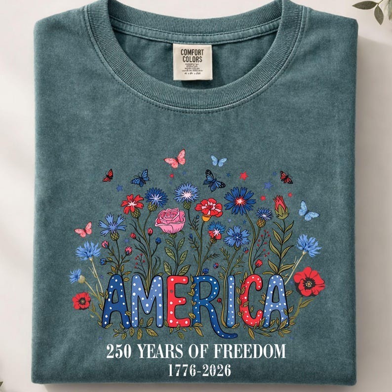 Comfort Colors Floral 250th Anniversary Shirt, Wildflower Independence Day Tee gallery