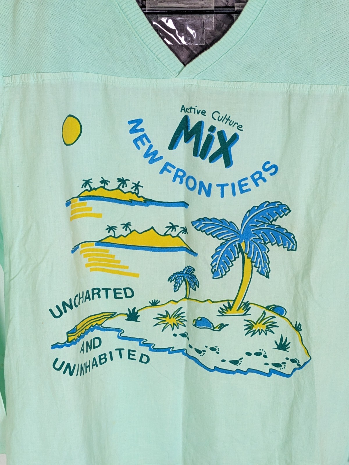Vintage 90s Active Culture Mix Hip-Hop L/S Sm. (Fits Large) USA V-Neck Mint Grn gallery