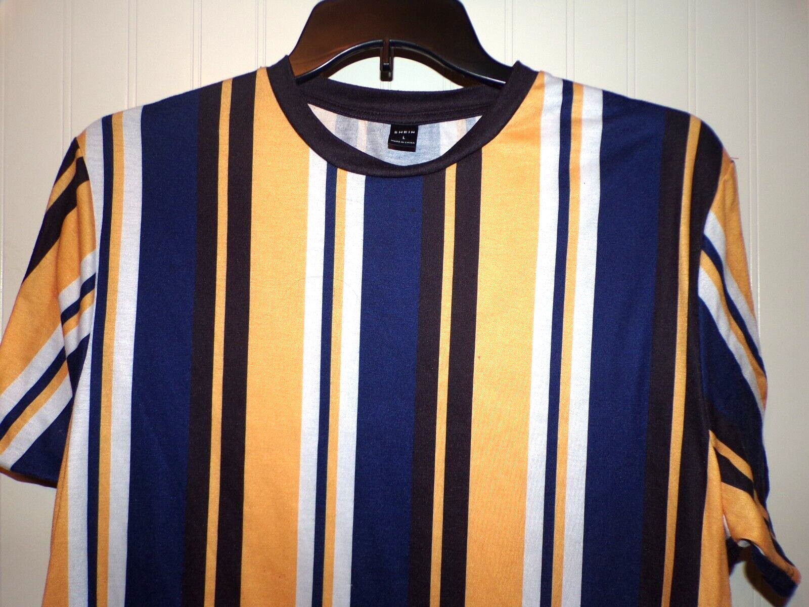 Shein Large Striped yellow, blue white Men stretch tee shirt Sz L MR gallery