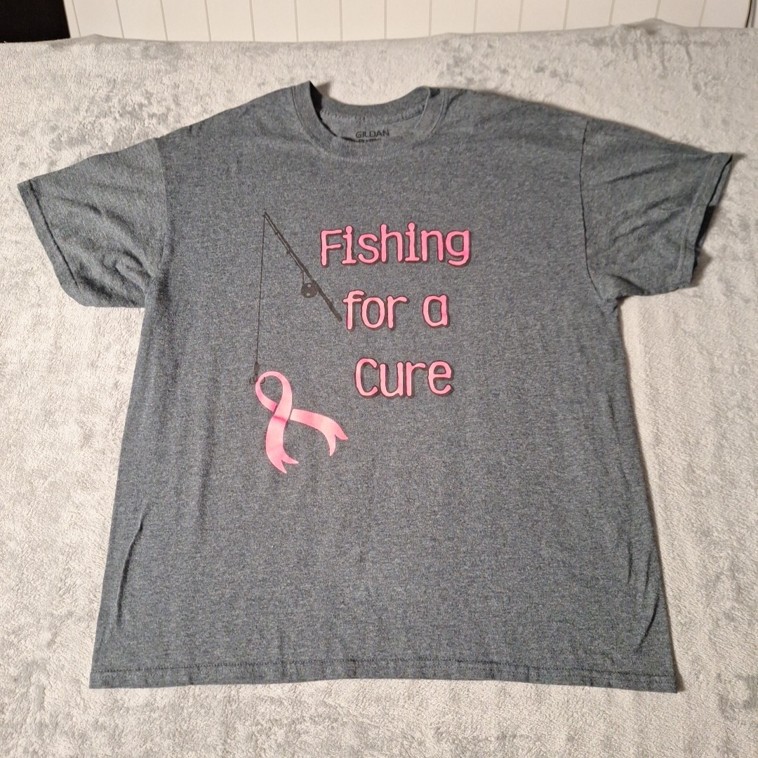 Fishing For A Cure Breast Cancer Awareness T-Shirt Size Large Gray Cotton Blend gallery