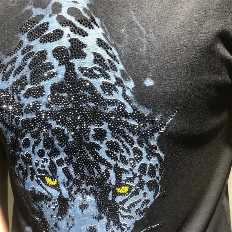 New Men Luxury Leopard Rhinestones Fashion Black White T-Shirt High Quality gallery