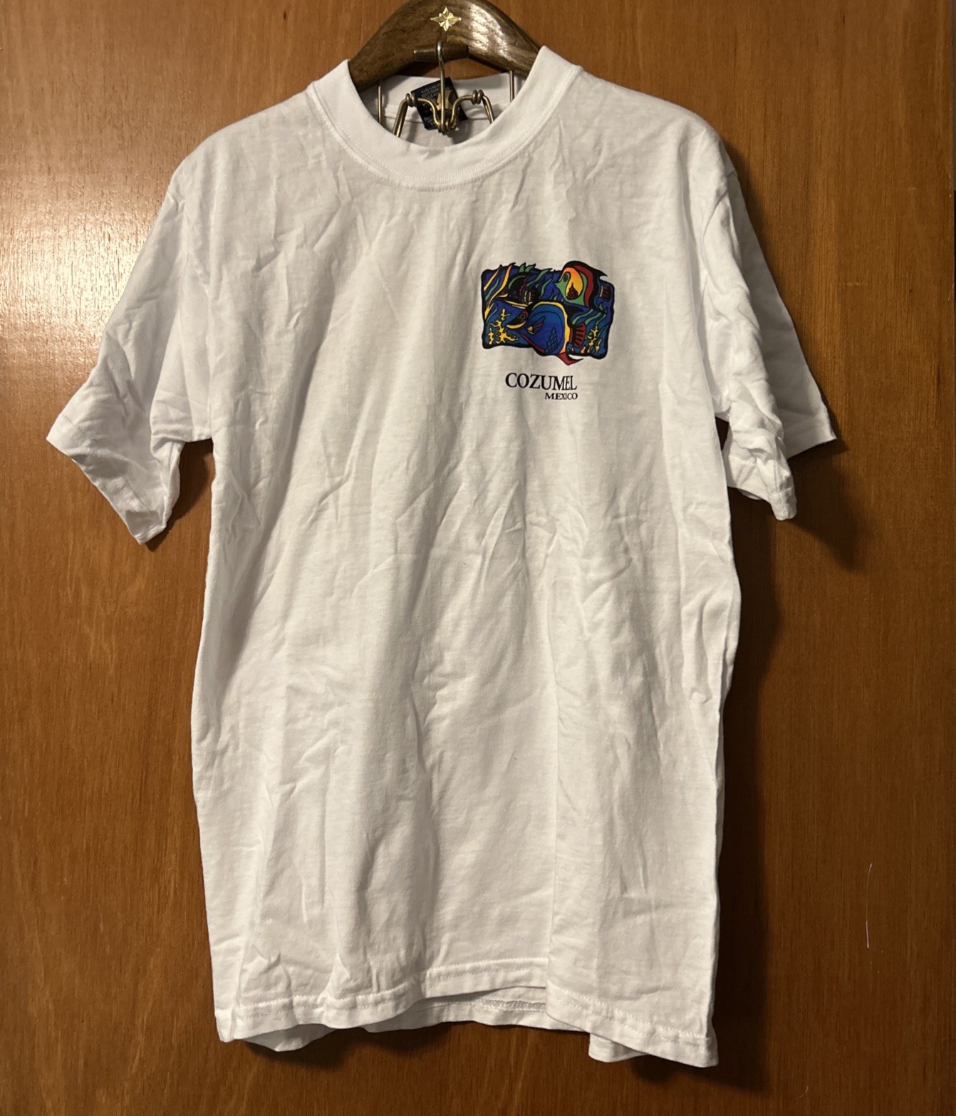Vintage 90’s Cozumel Mexico Art Fish Print Bright Colors White Tshirt Size M gallery
