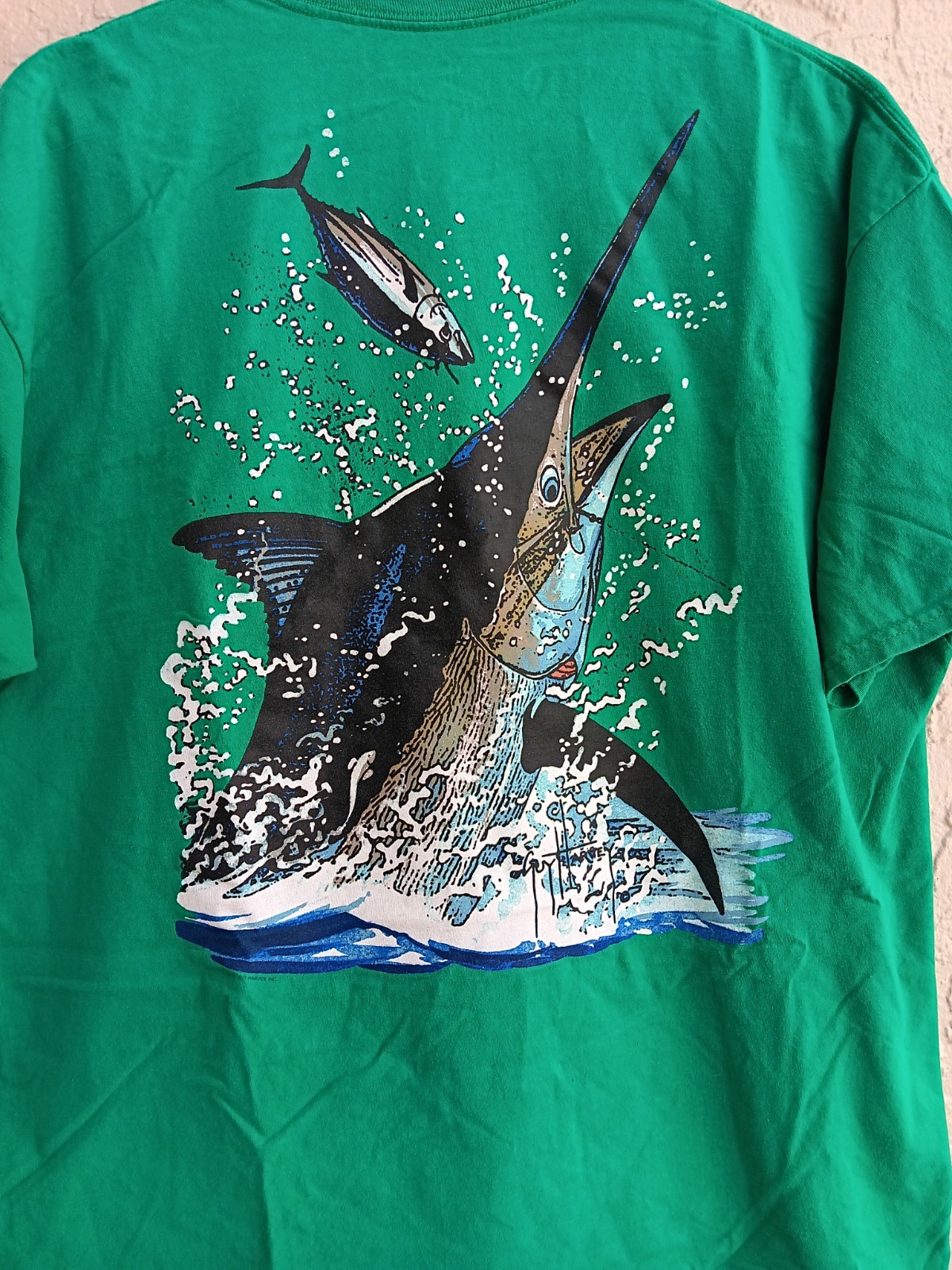 Guy Harvey By AFTCO Bluewater T Shirt Mens Sz: XL Graphic Logo Pocket Green Flaw gallery